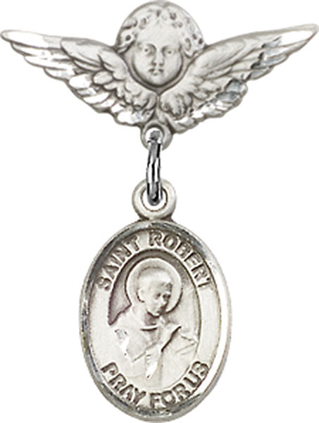 Sterling Silver Baby Badge with St. Robert Bellarmine Charm and Angel w/Wings Badge Pin