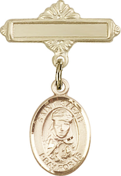 14kt Gold Filled Baby Badge with St. Sarah Charm and Polished Badge Pin