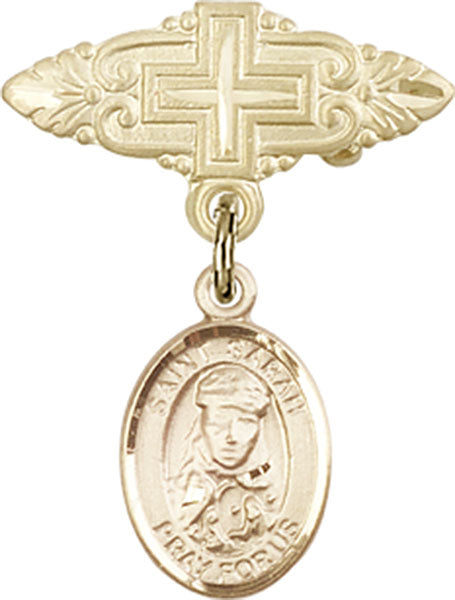 14kt Gold Filled Baby Badge with St. Sarah Charm and Badge Pin with Cross