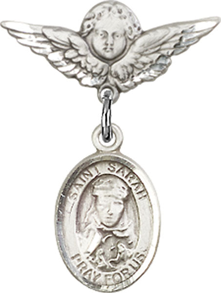 Sterling Silver Baby Badge with St. Sarah Charm and Angel w/Wings Badge Pin