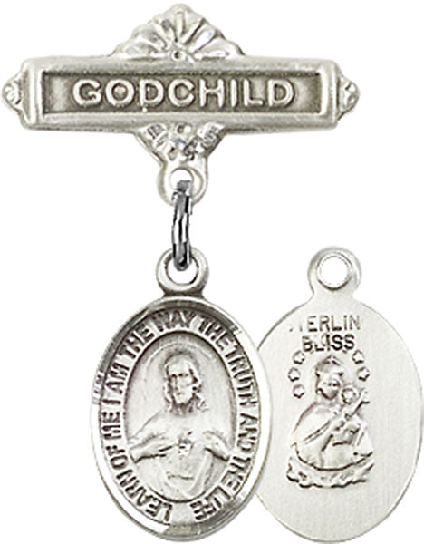 Sterling Silver Baby Badge with Scapular Charm and Godchild Badge Pin