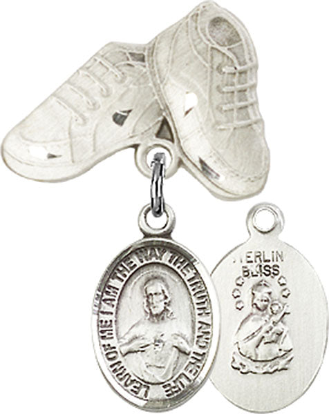 Sterling Silver Baby Badge with Scapular Charm and Baby Boots Pin