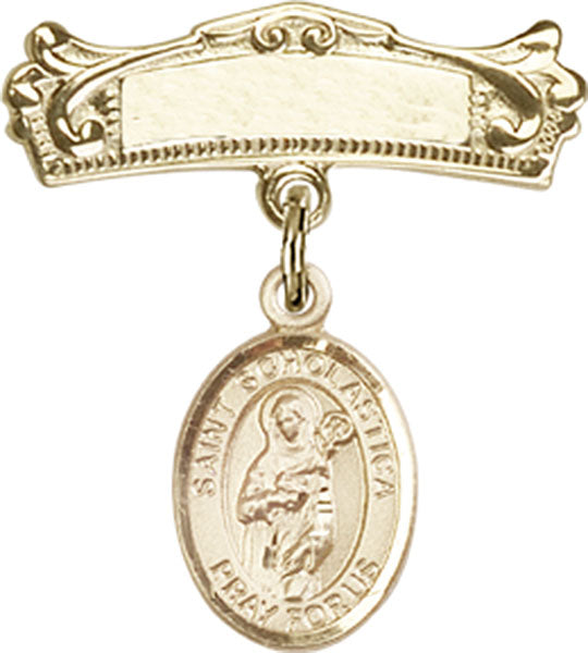 14kt Gold Filled Baby Badge with St. Scholastica Charm and Arched Polished Badge Pin