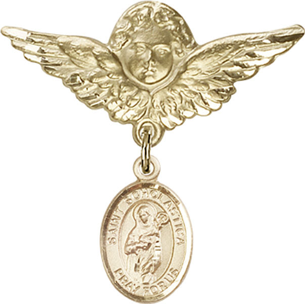14kt Gold Filled Baby Badge with St. Scholastica Charm and Angel w/Wings Badge Pin