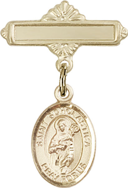 14kt Gold Baby Badge with St. Scholastica Charm and Polished Badge Pin