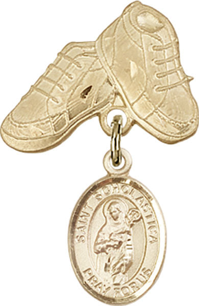 14kt Gold Baby Badge with St. Scholastica Charm and Baby Boots Pin
