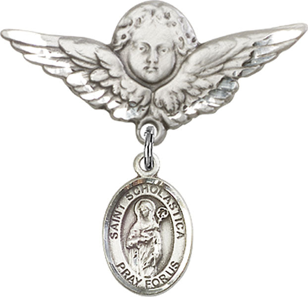 Sterling Silver Baby Badge with St. Scholastica Charm and Angel w/Wings Badge Pin