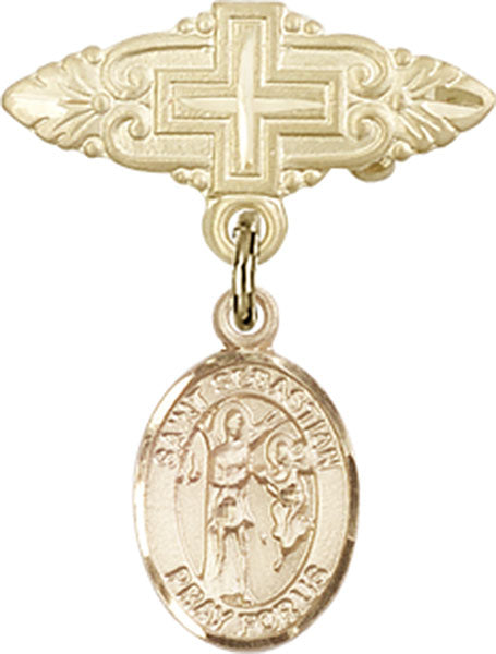 14kt Gold Filled Baby Badge with St. Sebastian Charm and Badge Pin with Cross
