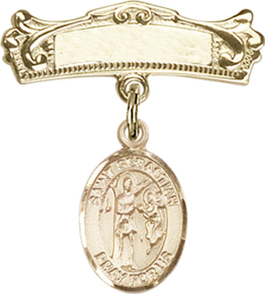 14kt Gold Filled Baby Badge with St. Sebastian Charm and Arched Polished Badge Pin
