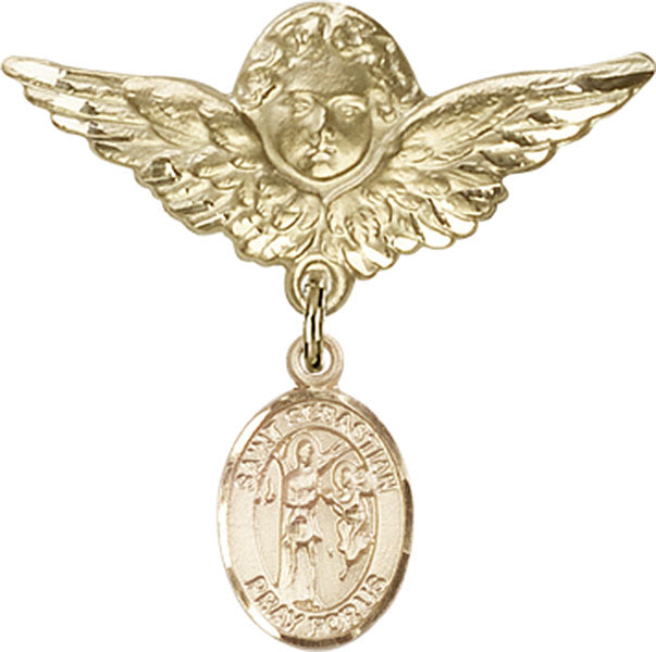 14kt Gold Filled Baby Badge with St. Sebastian Charm and Angel w/Wings Badge Pin