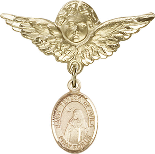 14kt Gold Filled Baby Badge with St. Teresa of Avila Charm and Angel w/Wings Badge Pin