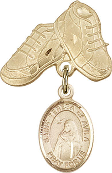 14kt Gold Filled Baby Badge with St. Teresa of Avila Charm and Baby Boots Pin