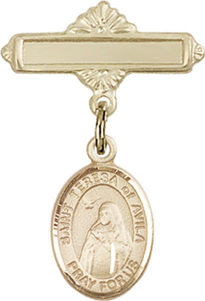 14kt Gold Baby Badge with St. Teresa of Avila Charm and Polished Badge Pin