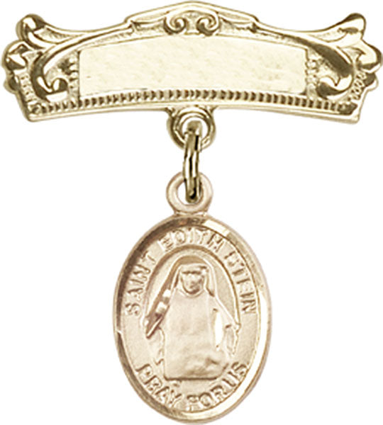 14kt Gold Filled Baby Badge with St. Edith Stein Charm and Arched Polished Badge Pin