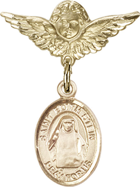 14kt Gold Filled Baby Badge with St. Edith Stein Charm and Angel w/Wings Badge Pin