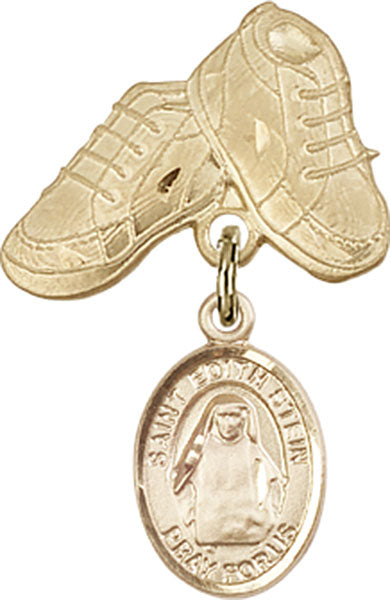 14kt Gold Filled Baby Badge with St. Edith Stein Charm and Baby Boots Pin
