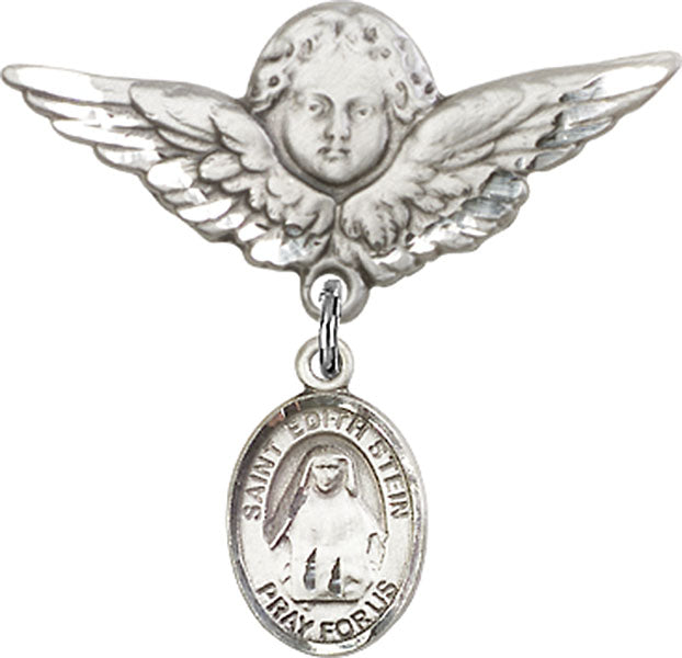 Sterling Silver Baby Badge with St. Edith Stein Charm and Angel w/Wings Badge Pin