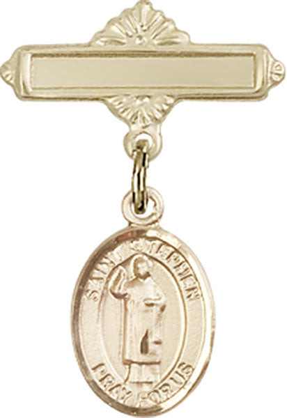 14kt Gold Filled Baby Badge with St. Stephen the Martyr Charm and Polished Badge Pin
