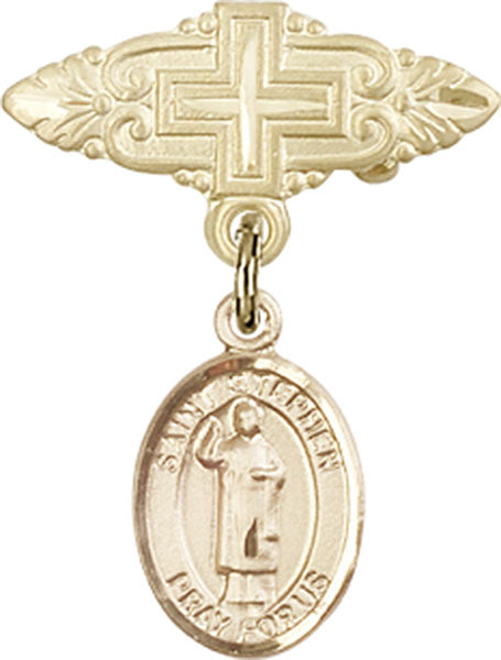 14kt Gold Filled Baby Badge with St. Stephen the Martyr Charm and Badge Pin with Cross