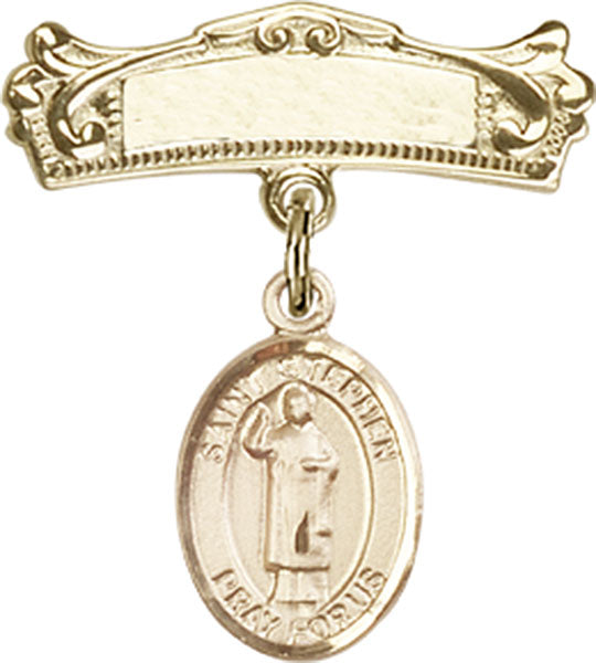 14kt Gold Filled Baby Badge with St. Stephen the Martyr Charm and Arched Polished Badge Pin