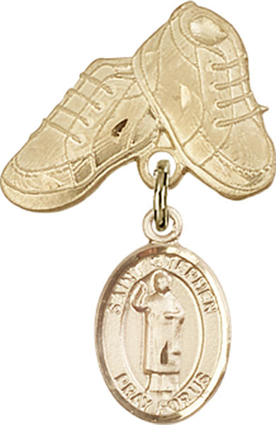 14kt Gold Filled Baby Badge with St. Stephen the Martyr Charm and Baby Boots Pin