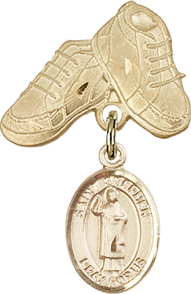 14kt Gold Baby Badge with St. Stephen the Martyr Charm and Baby Boots Pin