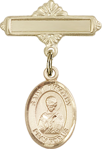14kt Gold Filled Baby Badge with St. Timothy Charm and Polished Badge Pin