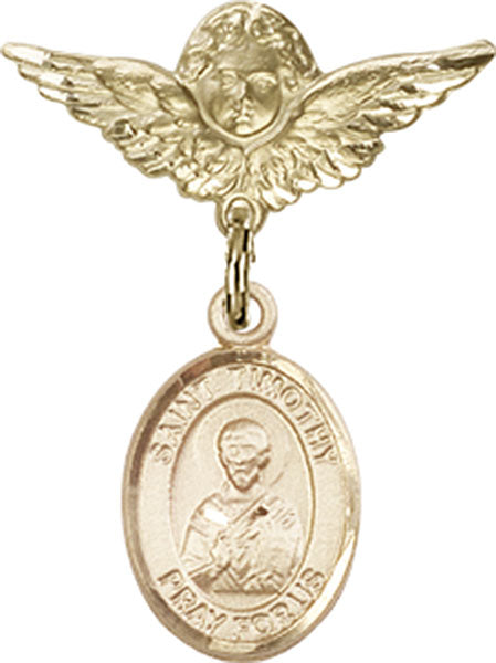 14kt Gold Filled Baby Badge with St. Timothy Charm and Angel w/Wings Badge Pin