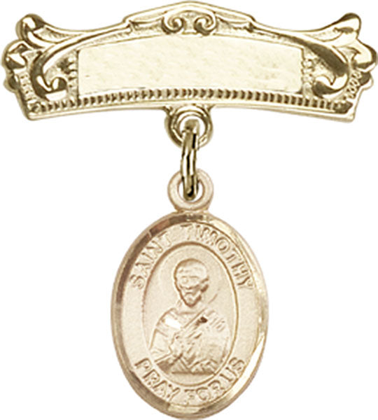 14kt Gold Baby Badge with St. Timothy Charm and Arched Polished Badge Pin