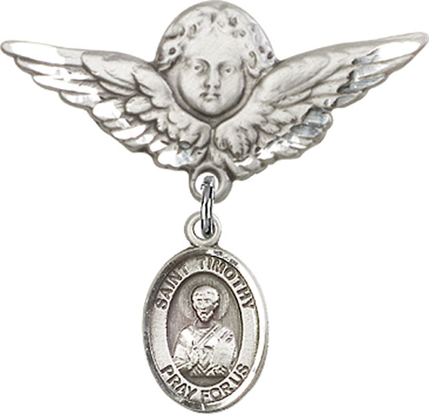 Sterling Silver Baby Badge with St. Timothy Charm and Angel w/Wings Badge Pin