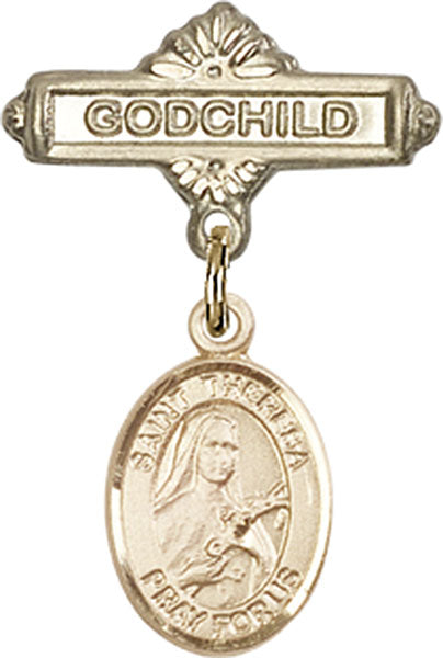 14kt Gold Filled Baby Badge with St. Theresa Charm and Godchild Badge Pin