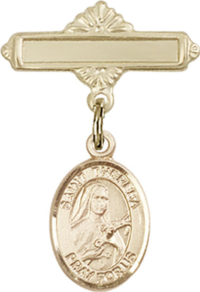 14kt Gold Baby Badge with St. Theresa Charm and Polished Badge Pin