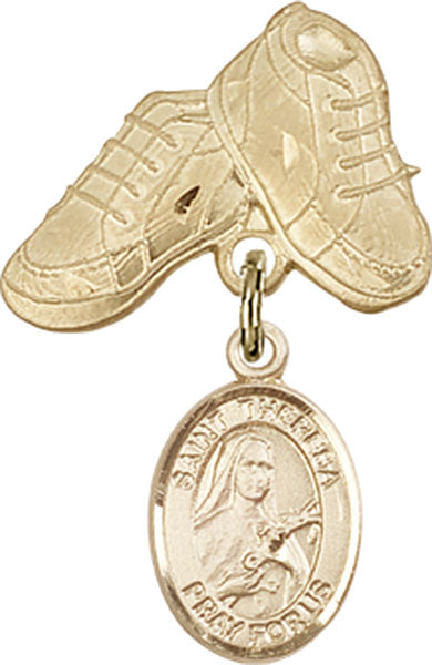 14kt Gold Baby Badge with St. Theresa Charm and Baby Boots Pin