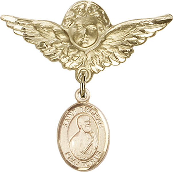 14kt Gold Filled Baby Badge with St. Thomas the Apostle Charm and Angel w/Wings Badge Pin