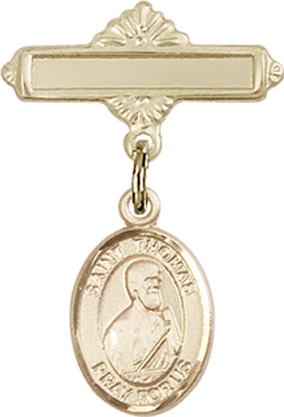 14kt Gold Baby Badge with St. Thomas the Apostle Charm and Polished Badge Pin