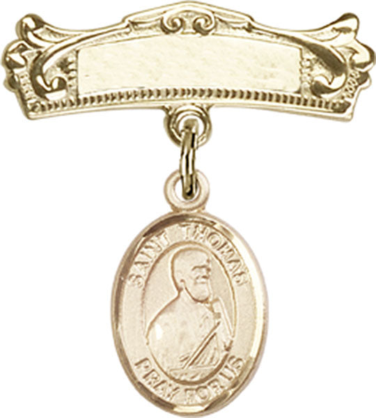 14kt Gold Baby Badge with St. Thomas the Apostle Charm and Arched Polished Badge Pin