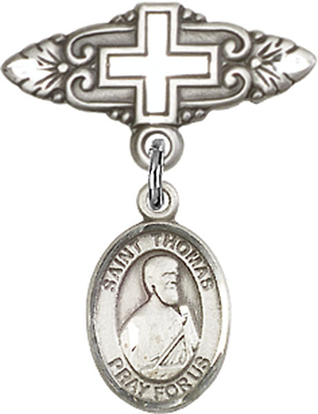 Sterling Silver Baby Badge with St. Thomas the Apostle Charm and Badge Pin with Cross
