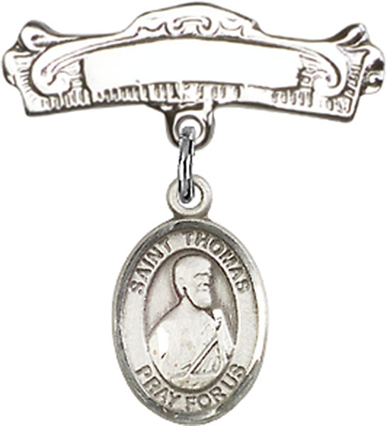 Sterling Silver Baby Badge with St. Thomas the Apostle Charm and Arched Polished Badge Pin