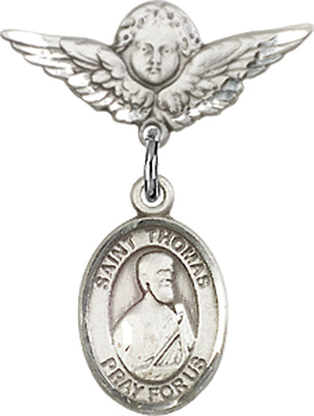 Sterling Silver Baby Badge with St. Thomas the Apostle Charm and Angel w/Wings Badge Pin