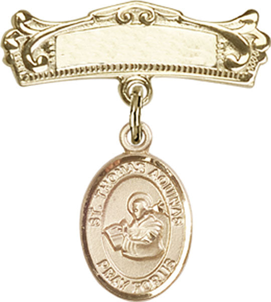 14kt Gold Filled Baby Badge with St. Thomas Aquinas Charm and Arched Polished Badge Pin