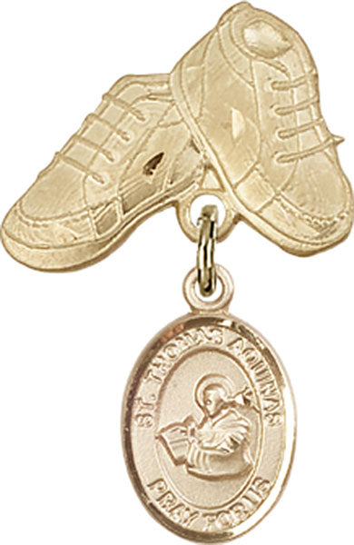 14kt Gold Filled Baby Badge with St. Thomas Aquinas Charm and Baby Boots Pin