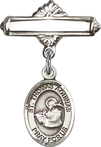 Sterling Silver Baby Badge with St. Thomas Aquinas Charm and Polished Badge Pin
