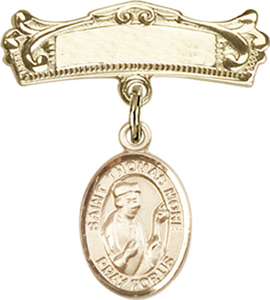14kt Gold Filled Baby Badge with St. Thomas More Charm and Arched Polished Badge Pin