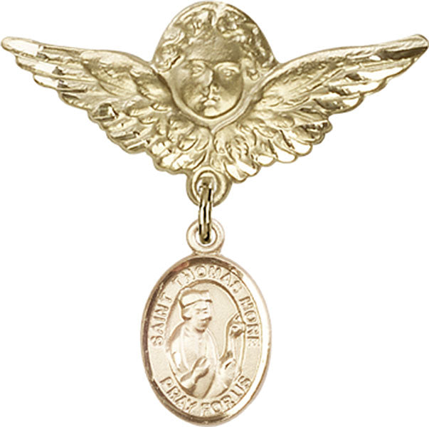 14kt Gold Filled Baby Badge with St. Thomas More Charm and Angel w/Wings Badge Pin