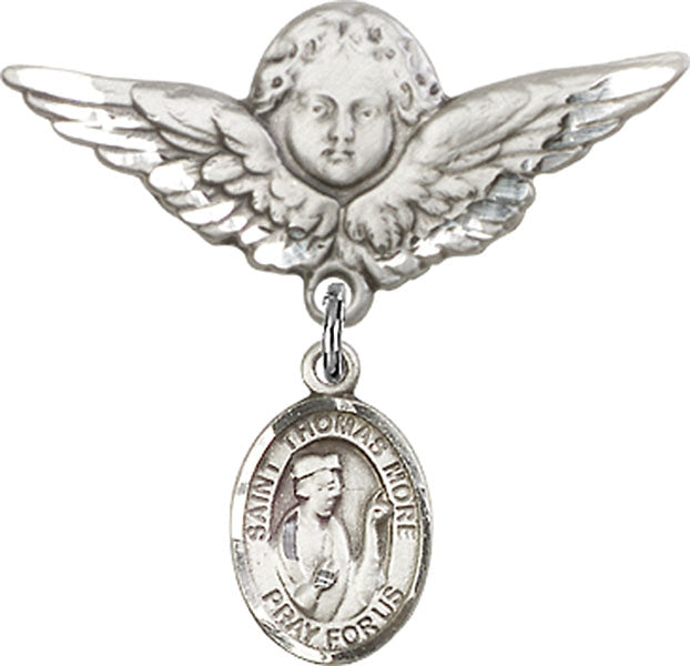 Sterling Silver Baby Badge with St. Thomas More Charm and Angel w/Wings Badge Pin