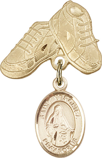 14kt Gold Filled Baby Badge with St. Veronica Charm and Baby Boots Pin