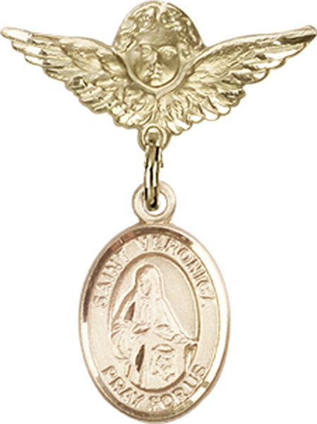 14kt Gold Baby Badge with St. Veronica Charm and Angel w/Wings Badge Pin