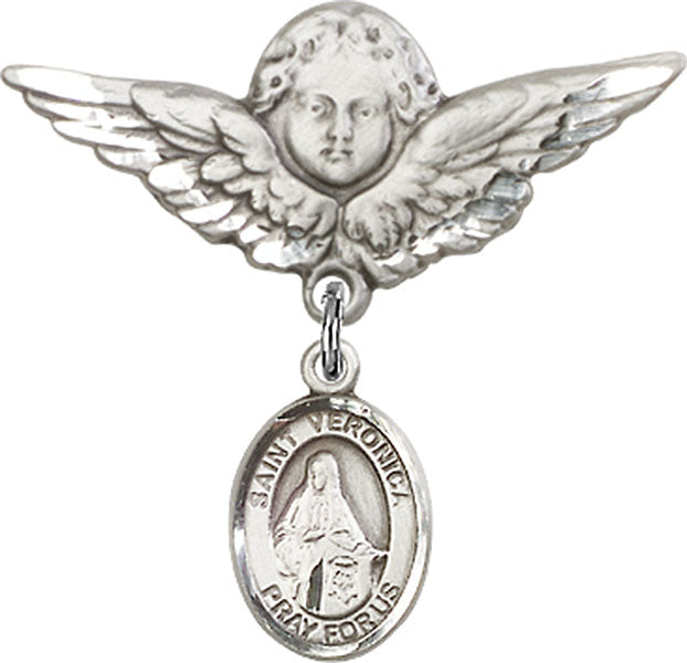 Sterling Silver Baby Badge with St. Veronica Charm and Angel w/Wings Badge Pin
