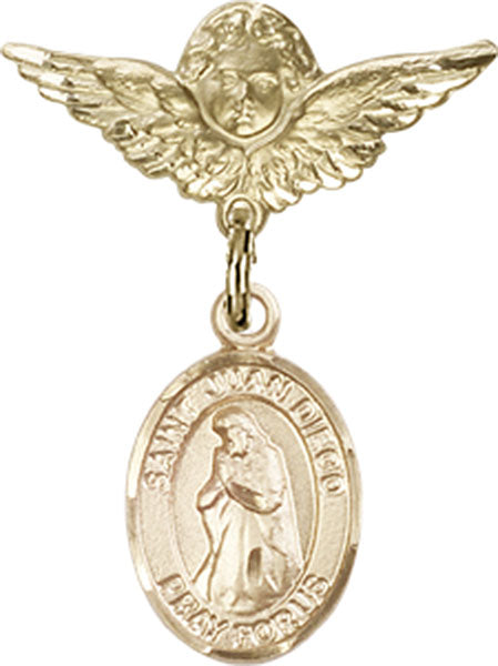 14kt Gold Filled Baby Badge with St. Juan Diego Charm and Angel w/Wings Badge Pin