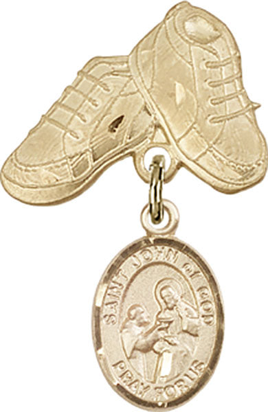 14kt Gold Filled Baby Badge with St. John of God Charm and Baby Boots Pin